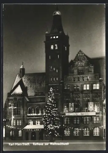 AK Karl-Marx-Stadt, Rathaus zur Weihnachtszeit