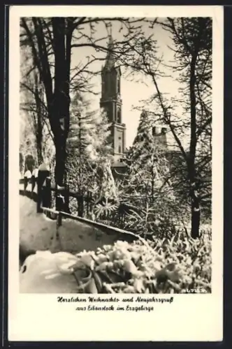 AK Eibenstock im Erzgebirge, Verschneite Kirche im Winter