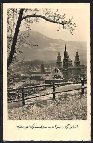 AK Salzburg, Ortsansicht mit Dom im Winter, Weihnachtsgruss