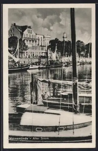 AK Warnemünde, Alter Strom, Segelboote, Uferpromenade