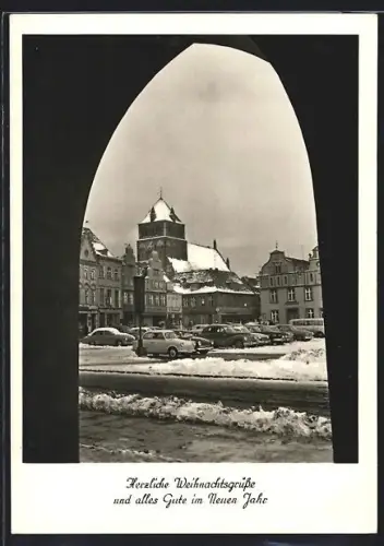 AK Greifswald, Marktplatz im Winter, Stadtkirche, historische Gebäude