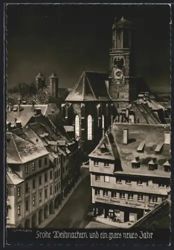 AK Memmingen, Stiftskirche, Marktplatz, winterliche Ortsansicht, Tabakgeschäft Geschwister Steppeter