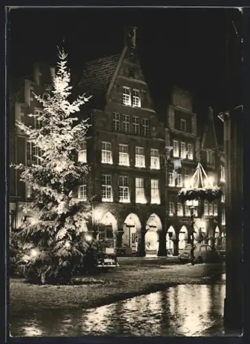 AK Münster /Westf., Prinzipalmarkt bei Nacht, Weihnachtsbaum, beleuchtete Häuserfassaden