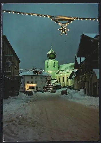 AK Lam /Bayer. Wald, Kirche, Winter, Weihnachtsbeleuchtung