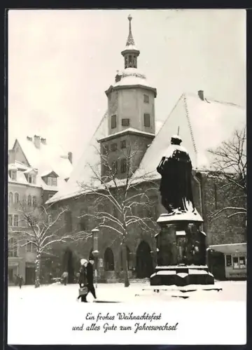 AK Jena, Lutherdenkmal, Stadtkirche im Winter