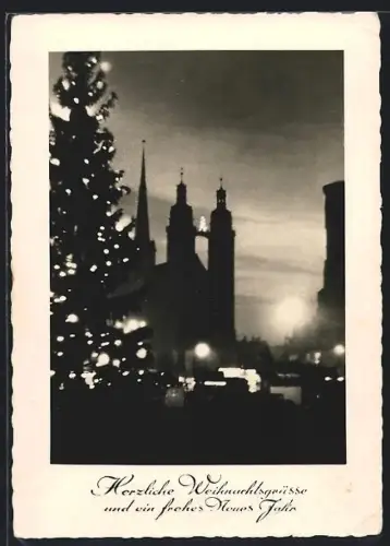 AK Halle /Saale, Weihnachtsbaum, Marktkirche, Stadtsilhouette bei Nacht