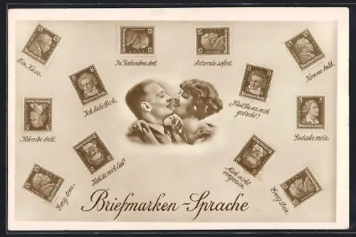 AK Bildnis eines Pärchens mit Briefmarkensprache um sie herum