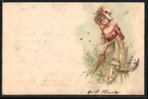 Künstler-AK Hübsche Junge Frau mit Haube und Schirm