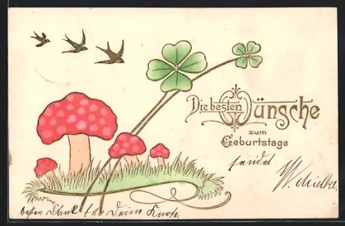 Präge-AK Kleeblätter, Fliegenpilze und drei Schwalben