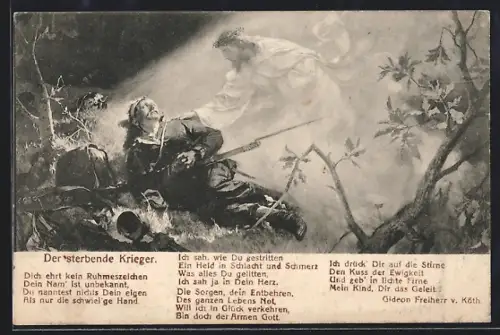Künstler-AK Sterbender Soldat wird vom Heiland empfangen, mit Gedicht von Gideon Freiherr v. Köth