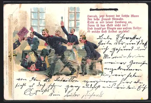 Lithographie Die Postanweisung, Soldatenhumor, Feldpost