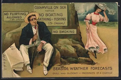 Künstler-AK Rauchender Mann erblickt am Strand eine schöne Frau