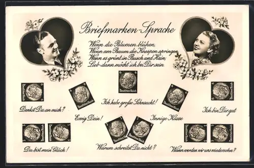 AK Briefmarkensprache, Mann und Frau schauen sich aus Herzen an, Denkst Du an mich?, Ich habe grosse Sehnsucht