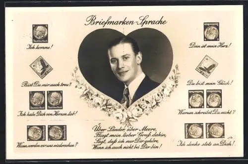 AK Junger Mann im Herz-Passepartout, Briefmarkensprache