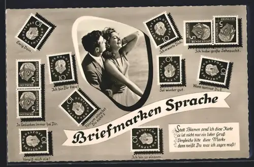 AK Briefmarkensprache der Liebe mit einem Liebespaar