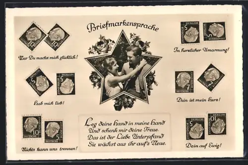 AK Briefmarkensprache mit sich umarmendem Paar und Liebesgedicht