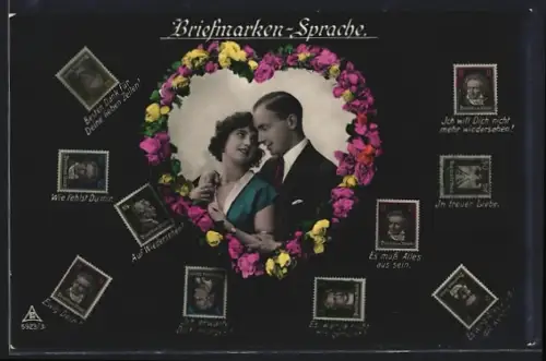 AK Briefmarkensprache, Liebespaar in einem Herz aus Rosen, Beethoven-Briefmarke