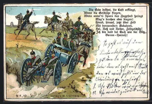 Künstler-AK Soldaten der Artillerie beim Transport eines Geschützes