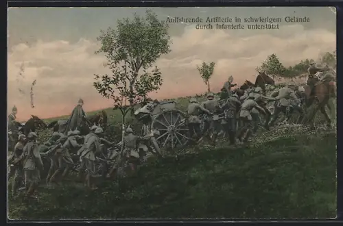 AK Auffahrende Artillerie in schwierigem Gelände durch Infanterie unterstützt