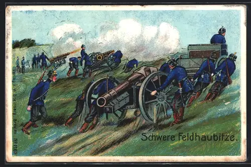 Künstler-AK Soldaten der Artillerie beim Transport schwerer Feldhaubitze