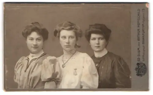 Fotografie Ed. Blum Inh. Arthur Hoffschild, Frankfurt am Main, Kaiserstrasse 73, Drei Frauen in eleganter Kleidung