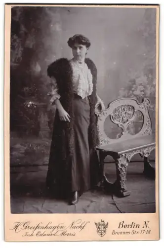 Fotografie H. Greifenhagen Nachf., Berlin, Brunnen Strasse. 17- 18, Elegante Dame mit kunstvoller Bank