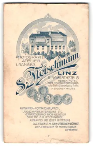 Fotografie S. Fleischmann, Linz, Jungwirthstr. 8, Ansicht Linz, das Atelierhaus des Fotografen mit Glasfasade