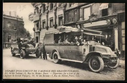 AK Paris, Départ d`un Circuit de l`Agence des Grands Voyages, 38 Boulevard des Italiens, Reisebusse