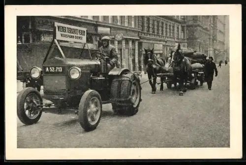 AK Wien, Wiener Tierschutz Verein, Vorspanndienst, Deering Traktor zieht eine Pferdekutsche, Kennzeichen A52-713