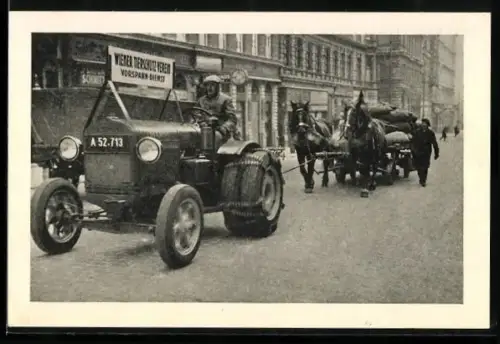 AK Wien, Wiener Tierschutz Verein, Vorspanndienst, Deering Traktor zieht eine Pferdekutsche, Kennzeichen A52-713