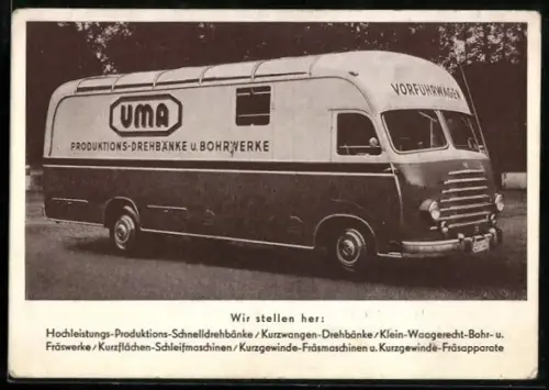 AK Uhingen /Württ., Vorführwagen der UMA-Werke in Uhingen für Produktions-Drehbänke und Bohrwerke