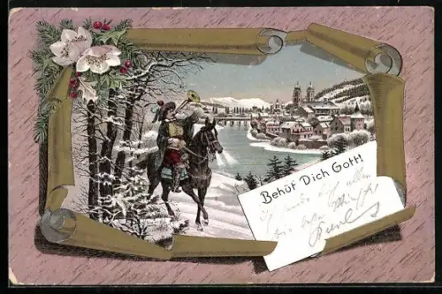 AK Bad Säckingen, Der Trompeter von Säckingen zu Pferd am See, Behüt Dich Gott!