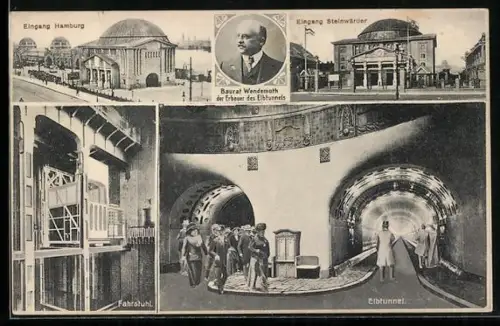 Künstler-AK Hamburg-St. Pauli, Elbtunnel, Eingänge Hamburg und Steinwerder, Innenansicht, Fahrstuhl