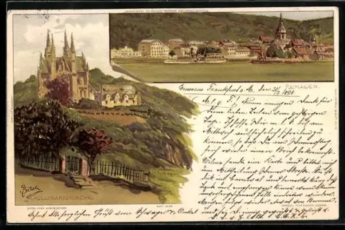 Künstler-AK Carl Biese: Remagen, Ortsansicht mit Rhein und Dampfer, Apollinariskirche