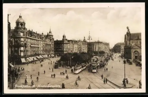 AK Frankfurt a. M., Hindenburgplatz mit Strassenbahnen aus der Vogelschau