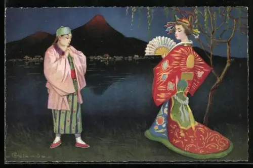 Künstler-AK E. Colombo: Romantische Szene mit Geisha am nächtlichen Ufer