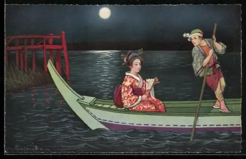 Künstler-AK E. Colombo: Geisha bei einer nächtlichen Bootsfahrt