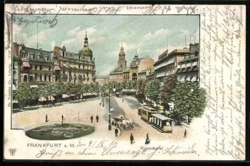 Lithographie Frankfurt a.M., Rossmarkt mit Strassenbahn