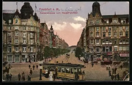 AK Frankfurt a.M., Kaiserstrasse vom Hauptbahnhof mit Strassenbahnen