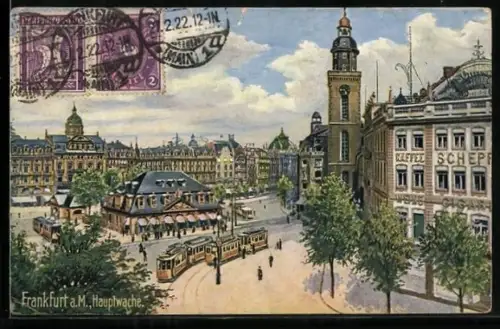 Künstler-AK Frankfurt /Main, Strassenbahn vor der Hauptwache
