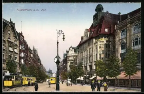 AK Frankfurt a. M., Blick in die Zeil mit Strassenbahnen