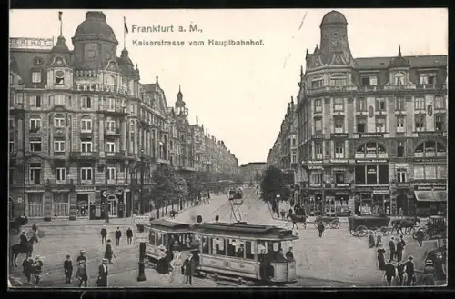 AK Frankfurt a. M., Kaiserstrasse mit Cafe Austria, Hauptbahnhof und Strassenbahn