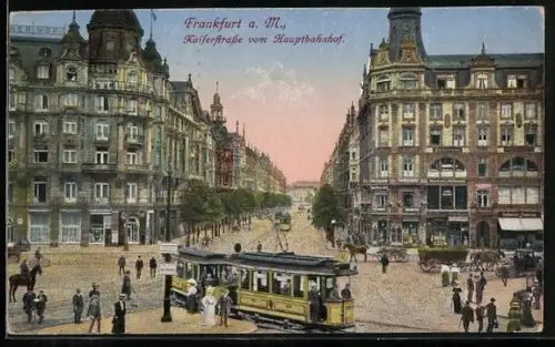AK Frankfurt a. M., Kaiserstrasse mit Strassenbahn vom Hauptbahnhof gesehen