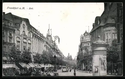 AK Frankfurt, Zeil mit Litfasssäule und Strassenbahn