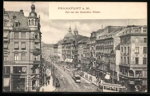 AK Frankfurt, Zeil von der Kanstabler Wache, Strassenbahnen unterwegs
