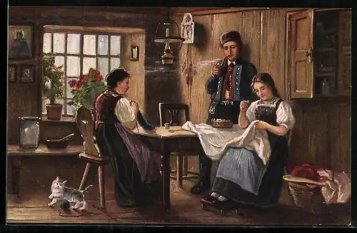 AK In der Stube arbeiten die Frauen, Mann raucht Pfeife, Schwarzwälder Tracht