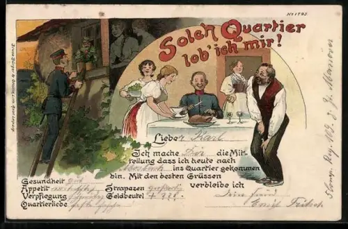 Künstler-AK Bruno Bürger & Ottillie Nr. 1795: Solch Quartier lob` ich mir!, Soldat beim Fensterln