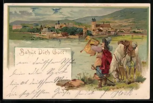Künstler-AK Bad Säckingen, Blick zum Ort, Der Trompeter von Säckingen mit Pferd, Behüt Dich Gott!