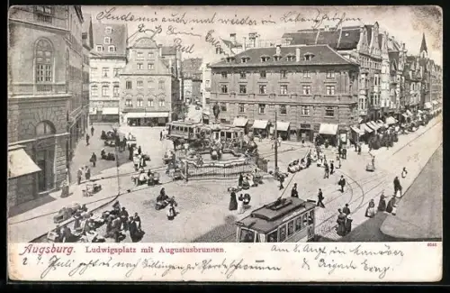 AK Augsburg, Ludwigsplatz mit Augustusbrunnen & Strassenbahnen
