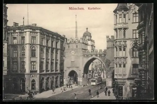 AK München, Strassenbahn beim Karlsthor, Cafe